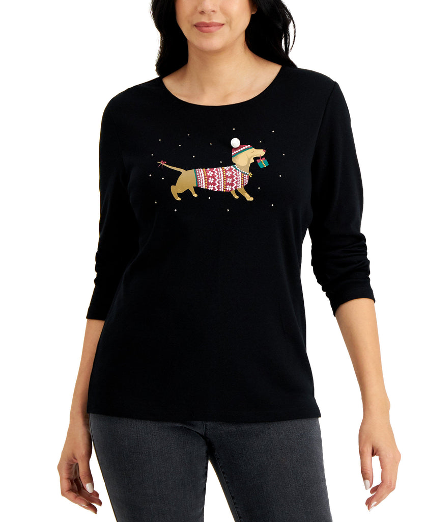 Karen Scott Women Holiday Pooch Long Sleeve Top Deep Black