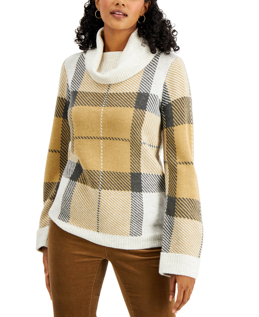 Charter Club Women Plaid Cowlneck Sweater Natural Oat Heather Combo