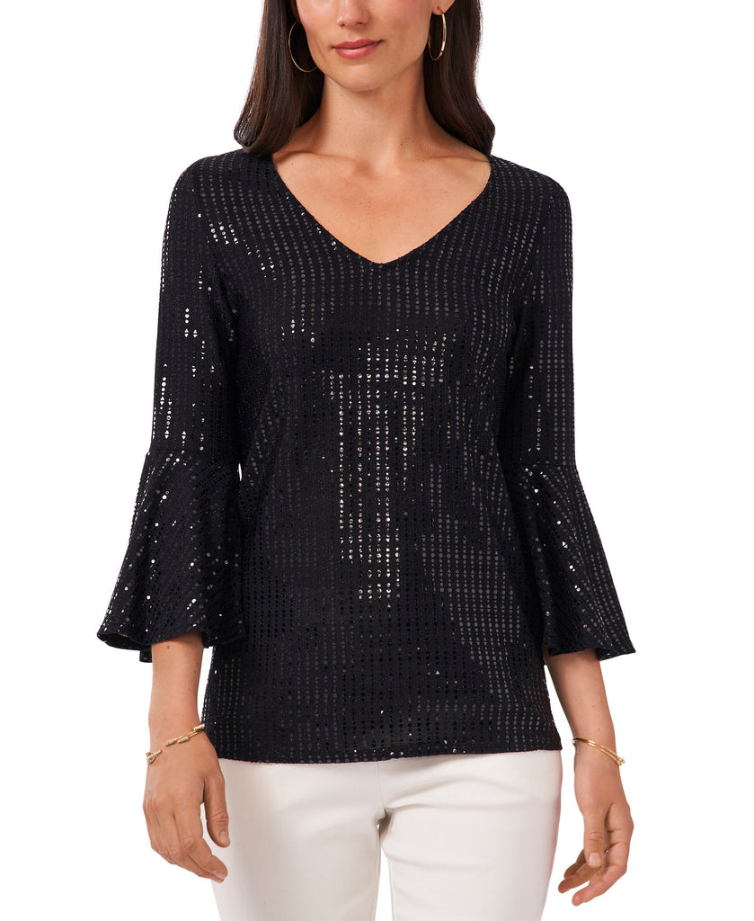 MSK Women V Neck Bell Sleeve Embellished Top Black