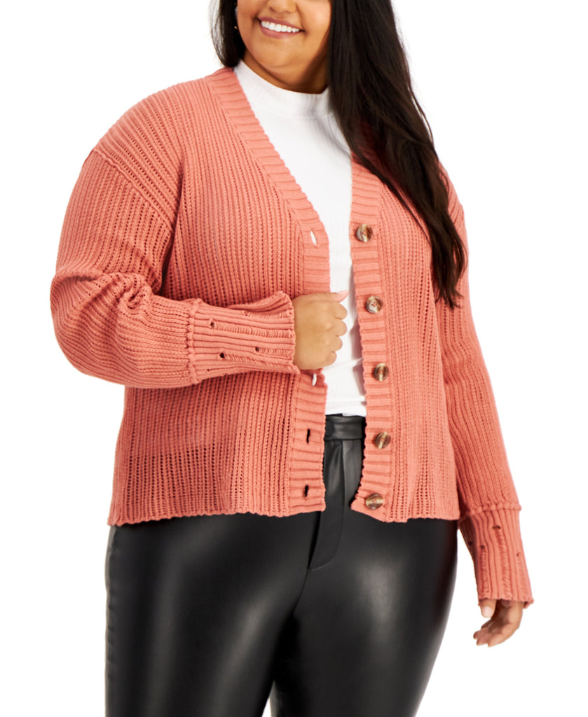 Kiss & Tell Women Plus Distressed Cardigan Deep Peach