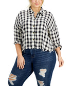 Love, Fire Women Plus Raw Hem Plaid Button Down Top Black White Plaid