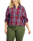 Love, Fire Women Plus Raw Hem Plaid Button Down Top Burgundy Plaid