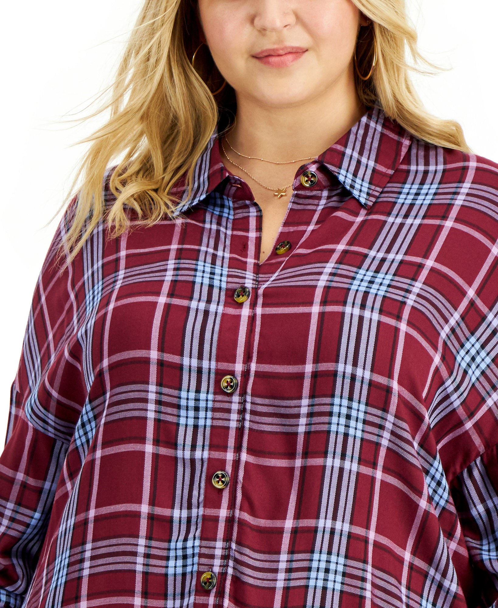 Love, Fire Women Plus Raw Hem Plaid Button Down Top
