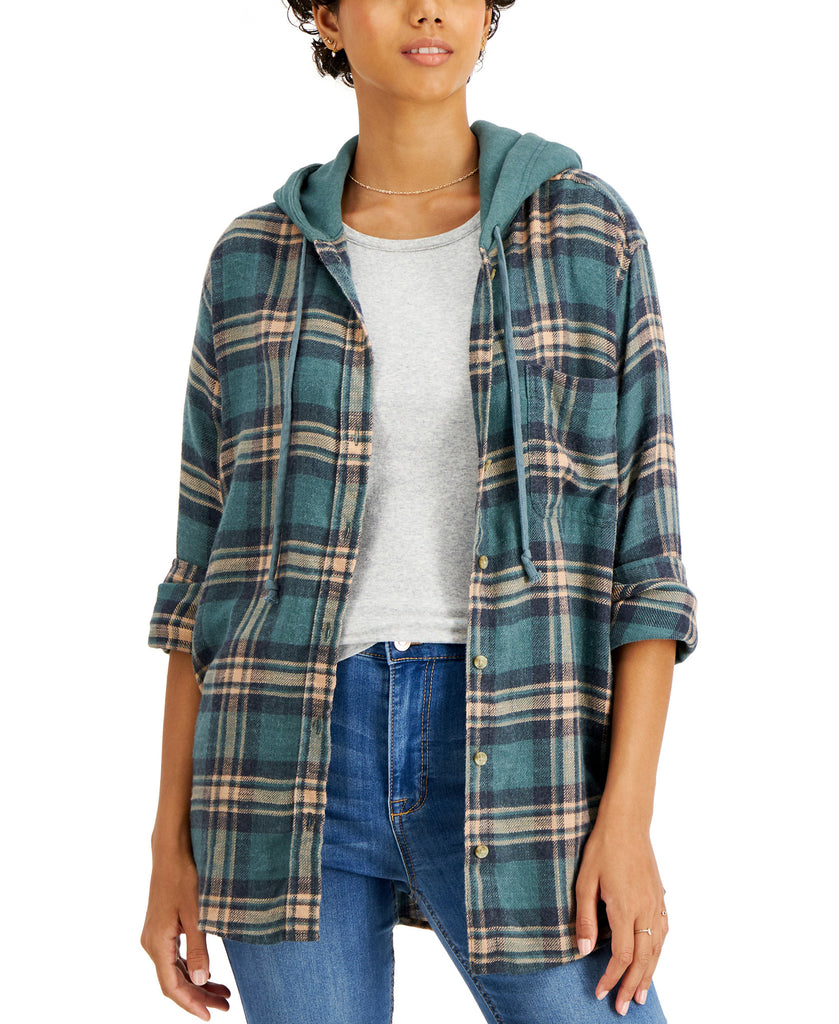 Just Polly Women Hooded Plaid Shacket Green Navy