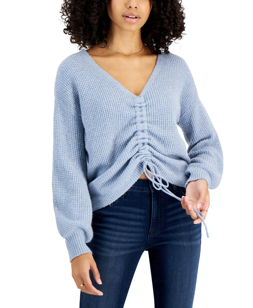 Hippie Rose Women Drawstring V Neck Sweater Blue