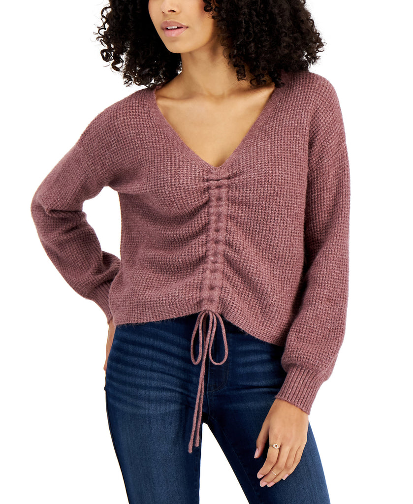 Hippie Rose Women Drawstring V Neck Sweater Plum