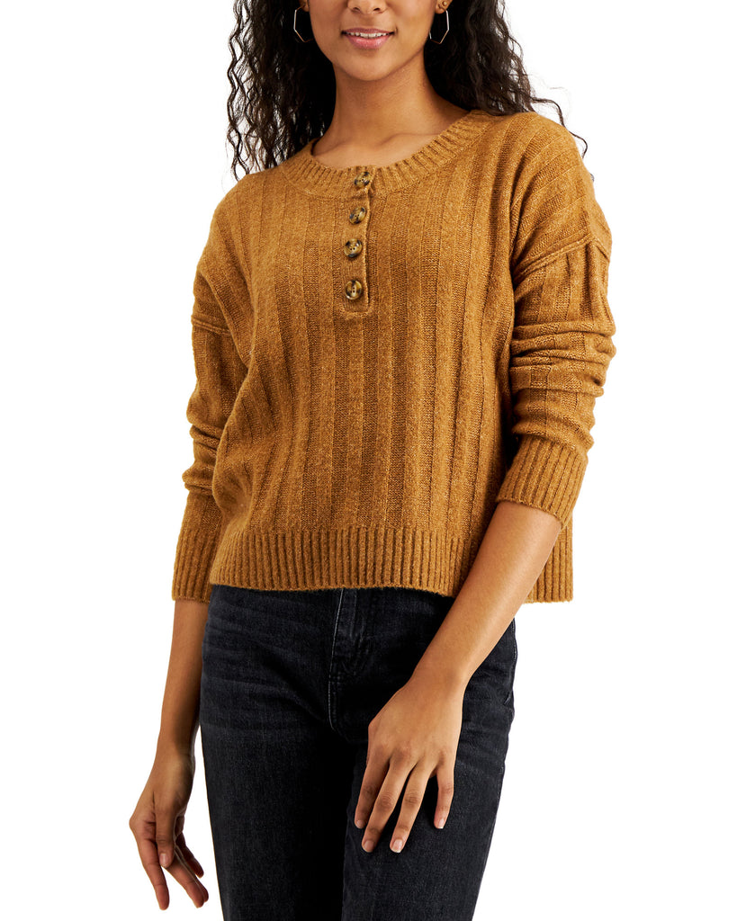 Hippie Rose Women Ribbed Henley Sweater Caramel