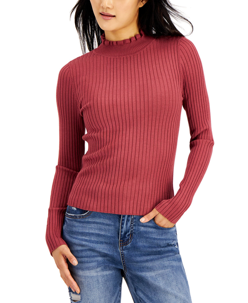 Hooked Up by IOT Women Lettuce Edge Ribbed Sweater Pink