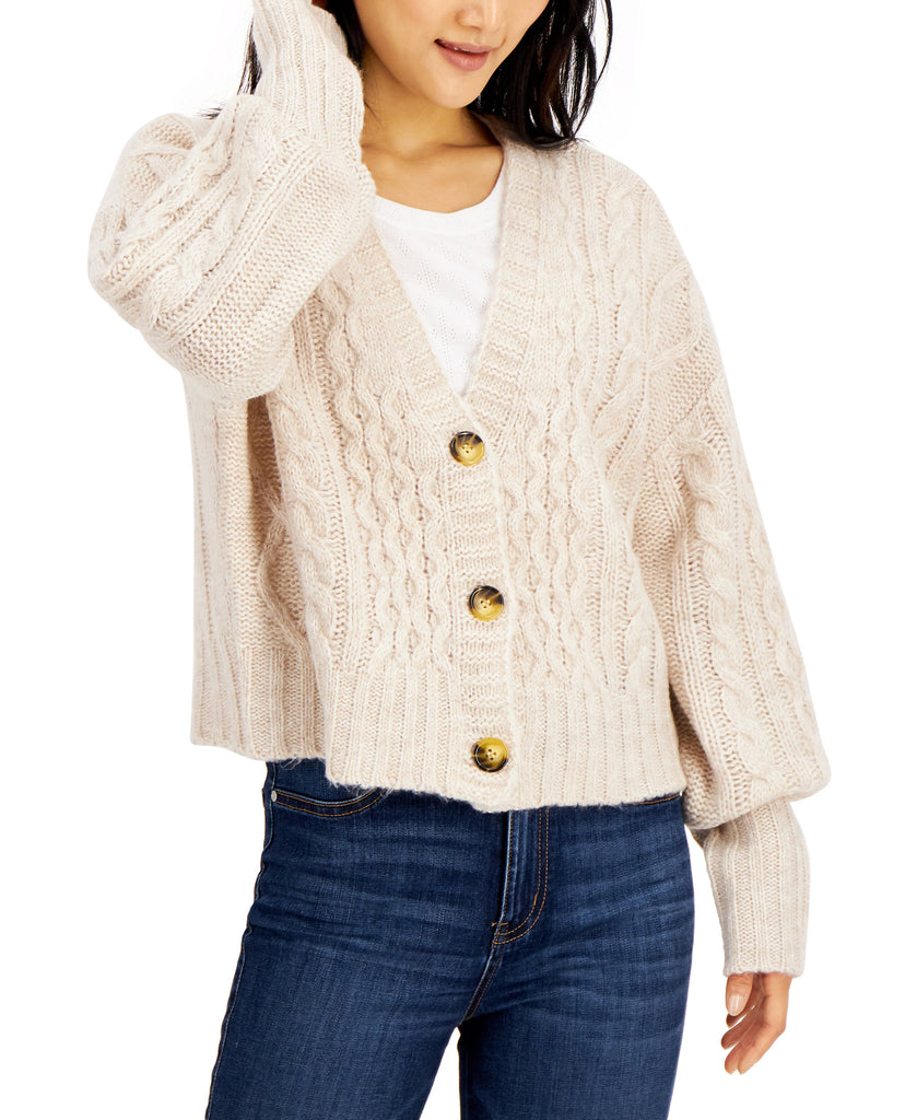 Hooked Up by IOT Juniors Cable Knit Cardigan Tan