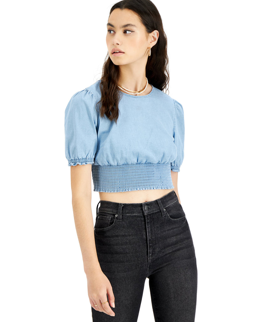 Bar III Women Chambray Puff Sleeve Top