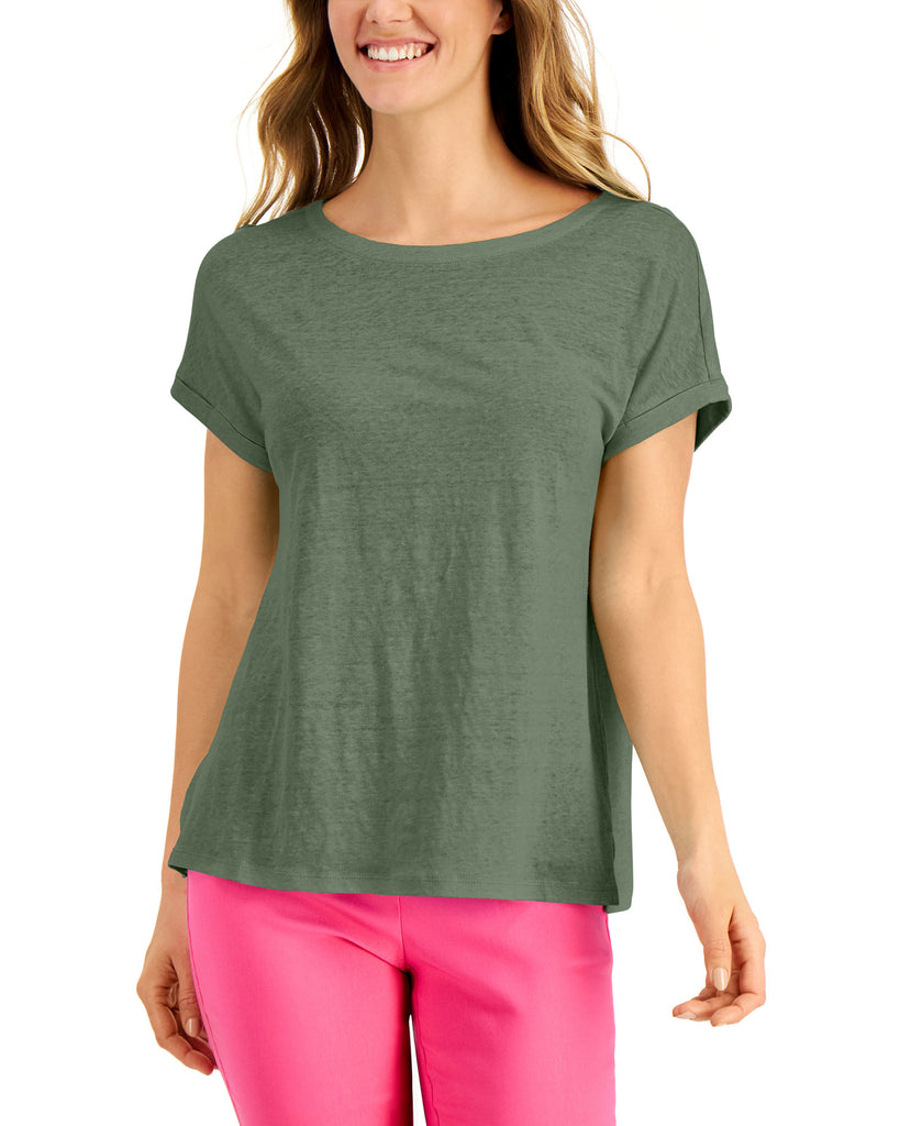 Charter Club Women Linen Boat Neck Top Cool Olive