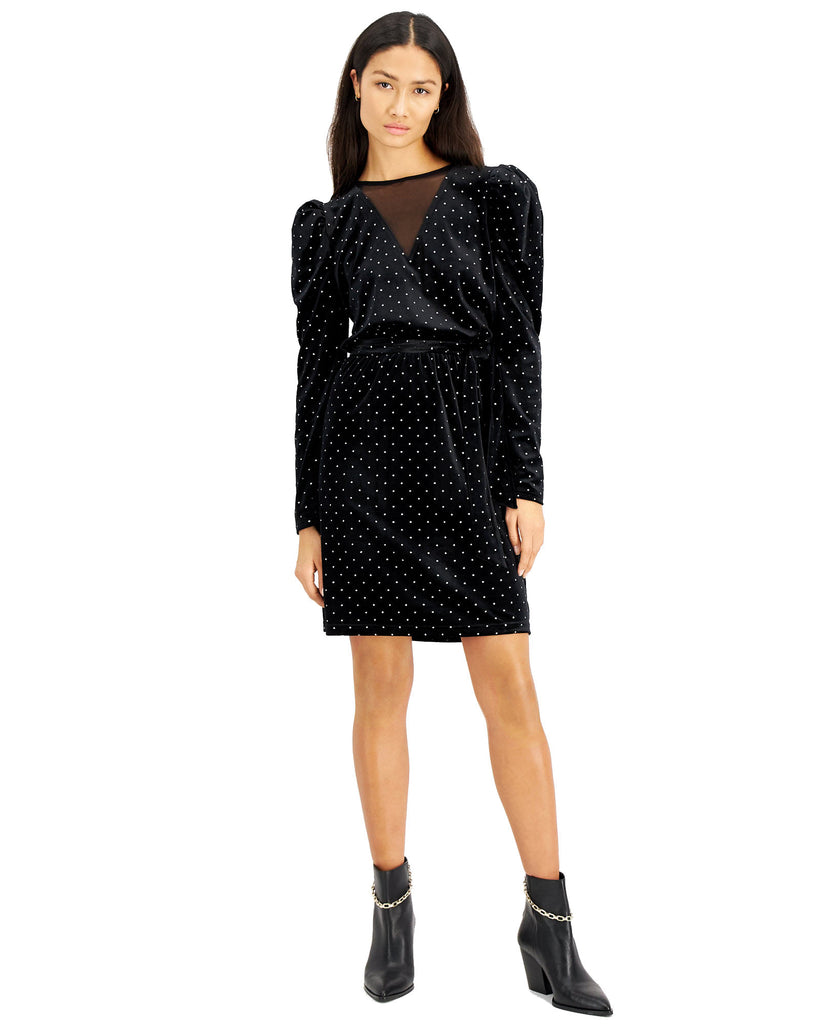 INC International Concepts Women Dot Print Velvet Puff Sleeve Dress Deep Black