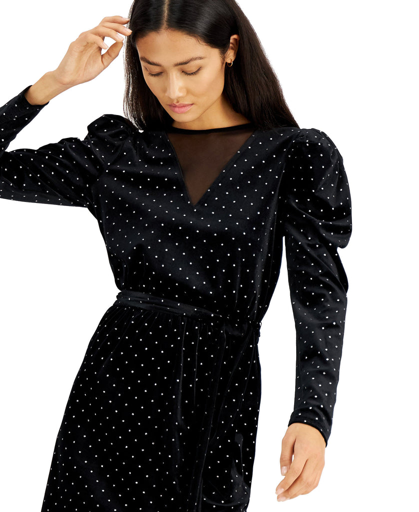 INC International Concepts Women Dot Print Velvet Puff Sleeve Dress