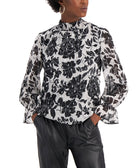 Willow Drive Women Ruffled Mock Neck Top Black Floral