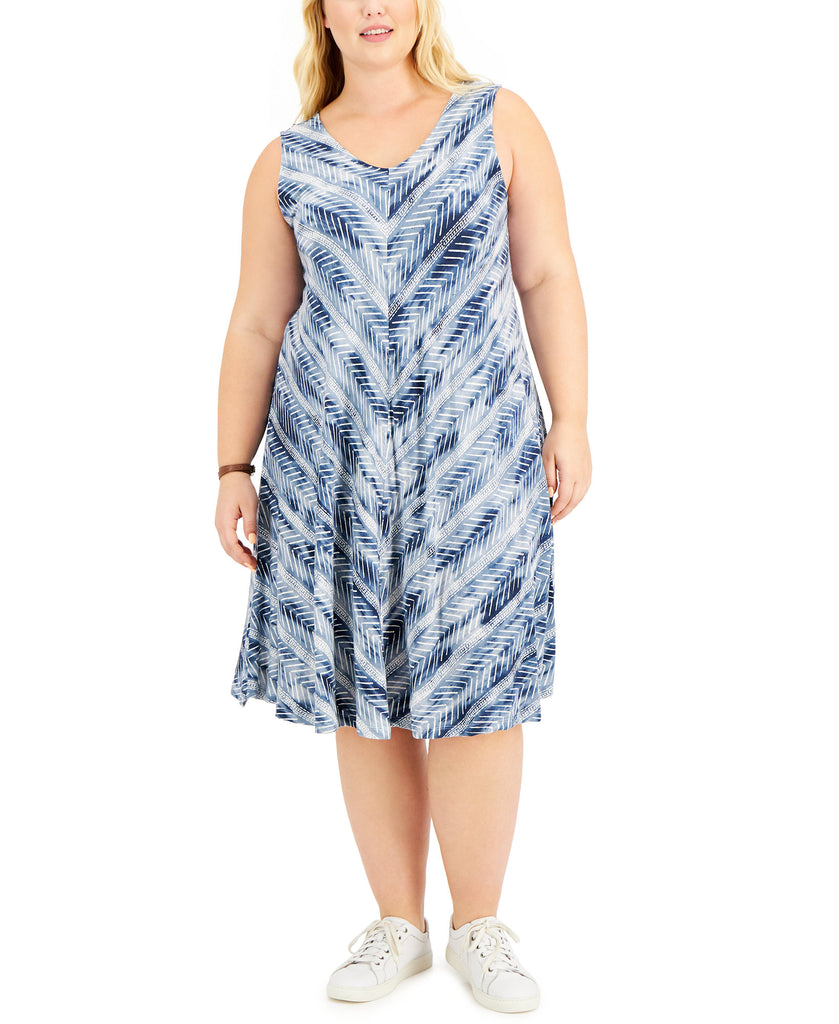 Style & Co Women Plus Printed Crisscross Back Dress Blue Mudcloth