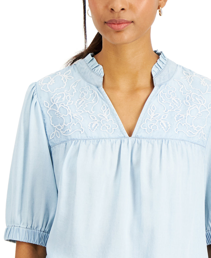 Charter Club Women Elbow Sleeve Chambray Top