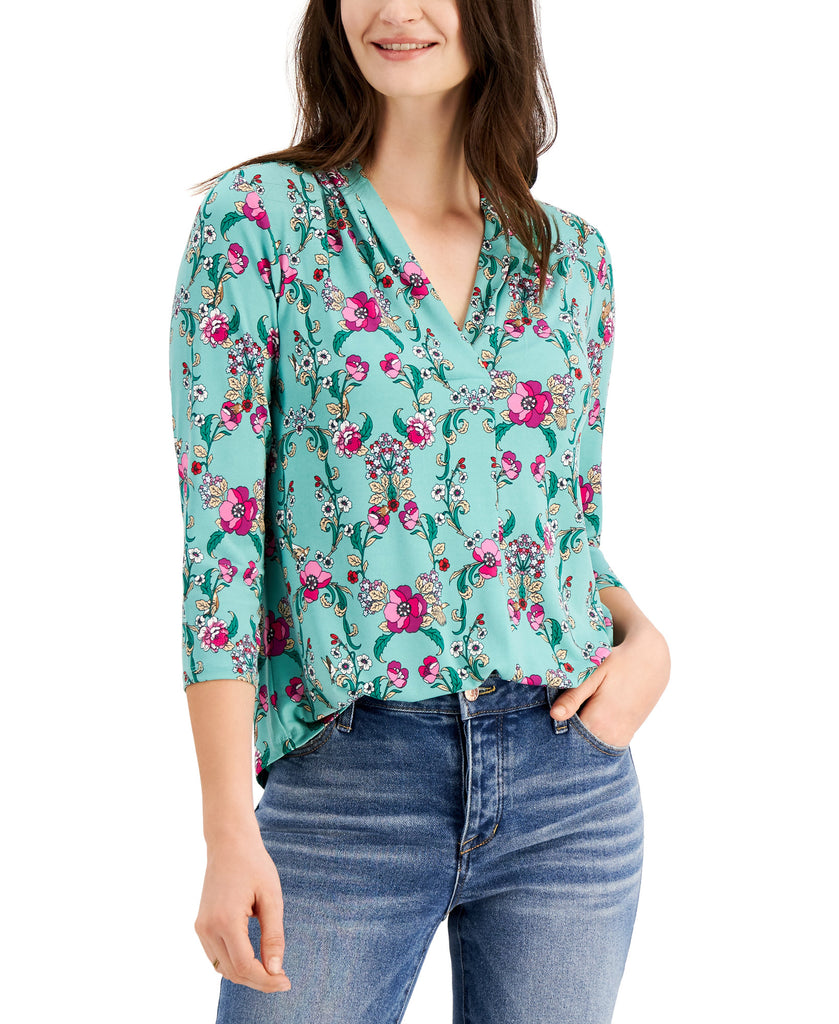 Charter-Club-Women-3-4-Sleeve-Floral-Print-Top-Porcelain-Green-Combo