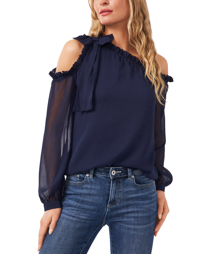 CeCe Women Petite Solid One Shoulder Top Navy