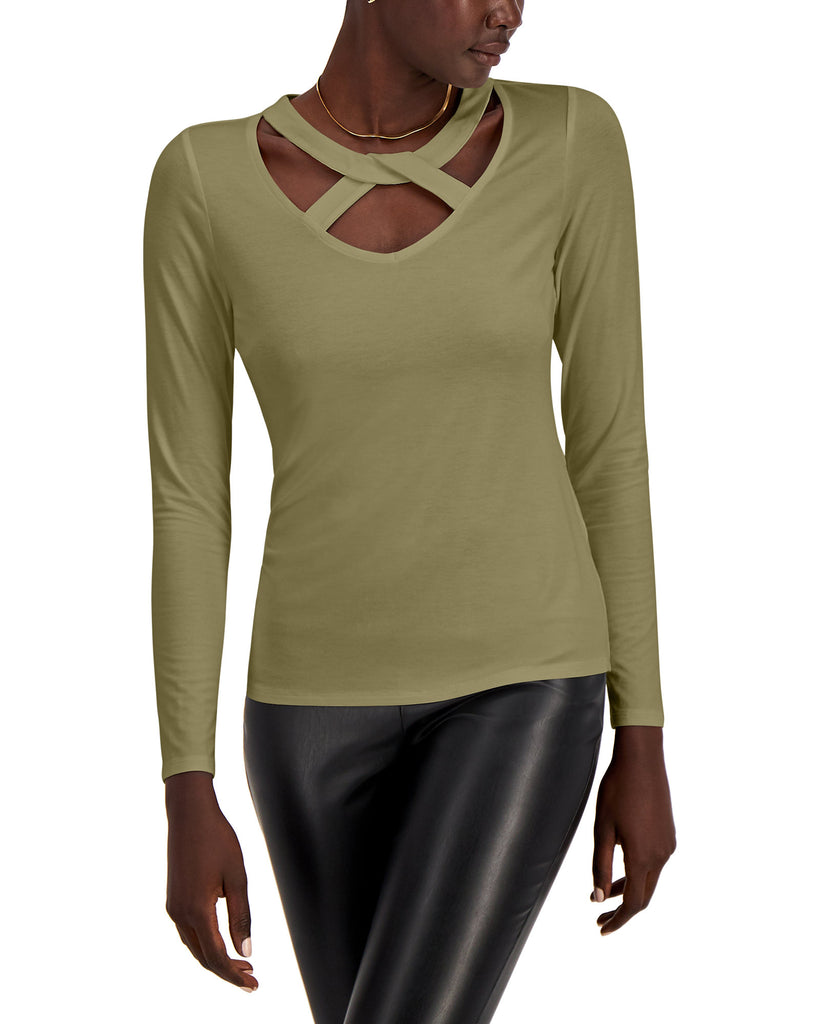 INC International Concepts Women Cutout Chest Long Sleeve Top Mountain Moss