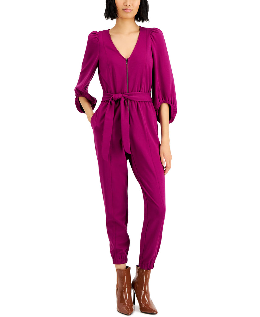 INC International Concepts Women Zip Front Belted Jumpsuit Autumn Berry