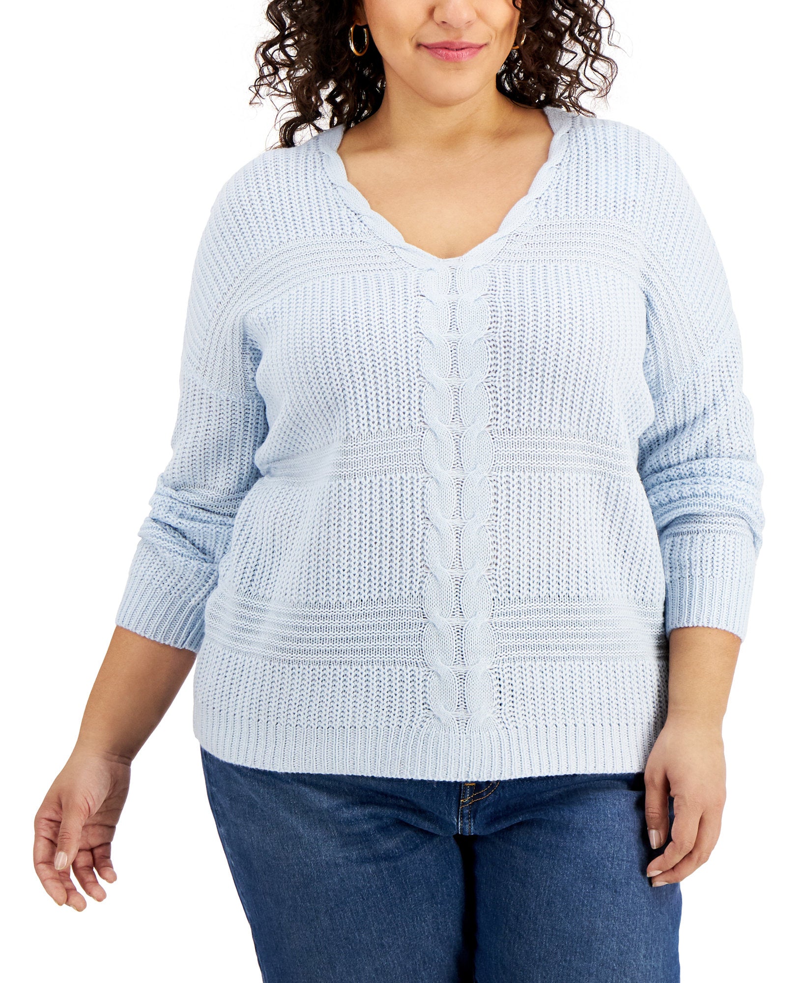 FULL CIRCLE TRENDS Women Plus Trendy Lace Up Back Drop Shoulder Sweater Skyway