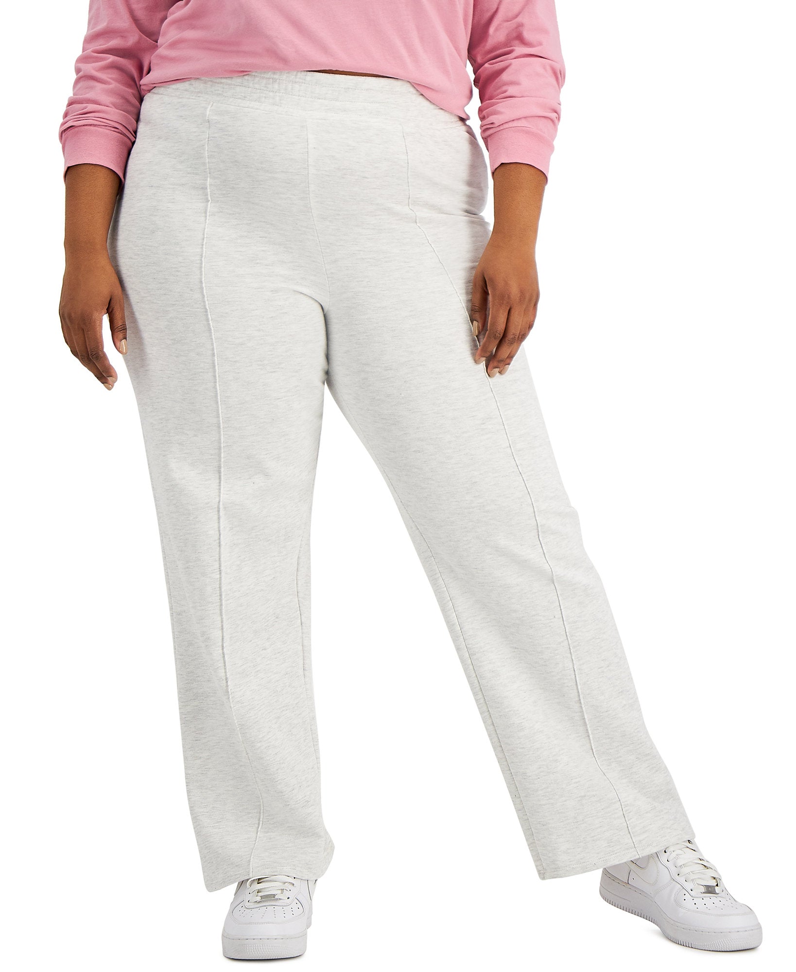 Derek Heart Women Plus Trendy Fleece High Rise Wide Leg Pants Light Grey