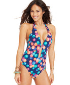Bar III Women Dot Print Lace up Halter One piece Swimsuit Navy