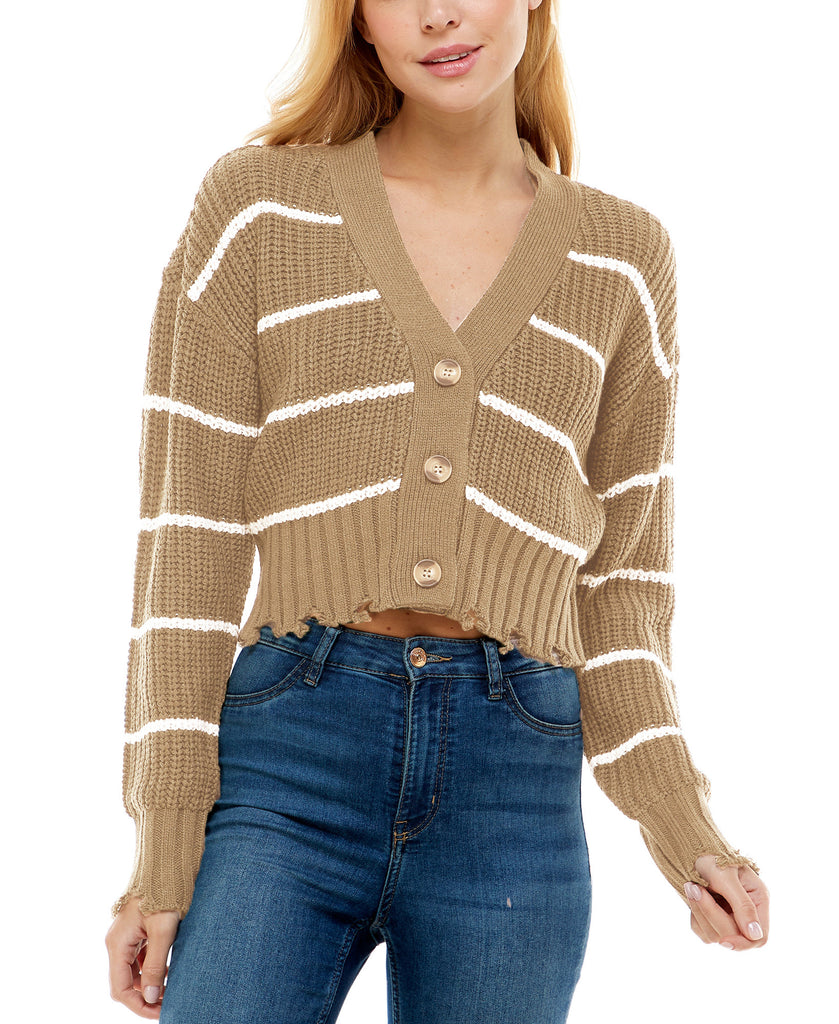 Ultra Flirt Juniors Striped Cropped Cardigan Mushroom