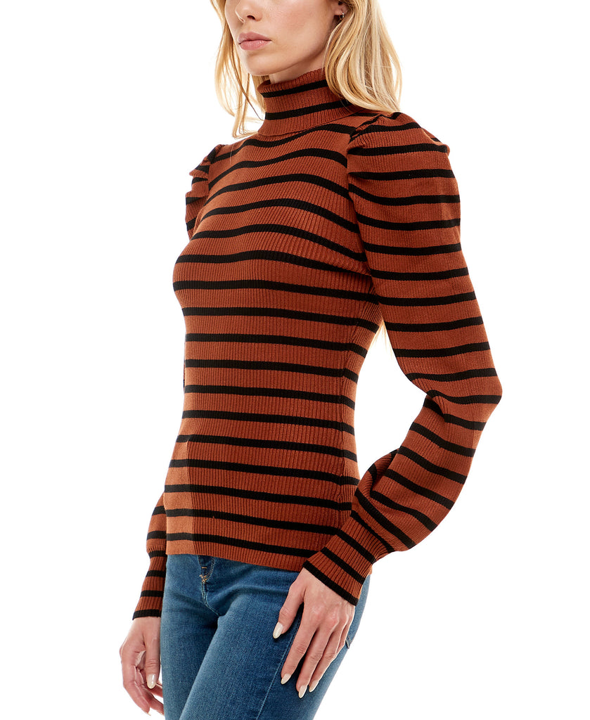 Crave Fame Women Striped Puff Sleeve Ribbed Sweater