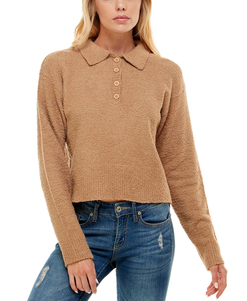 Ultra Flirt Women Fuzzy Polo Top Camel