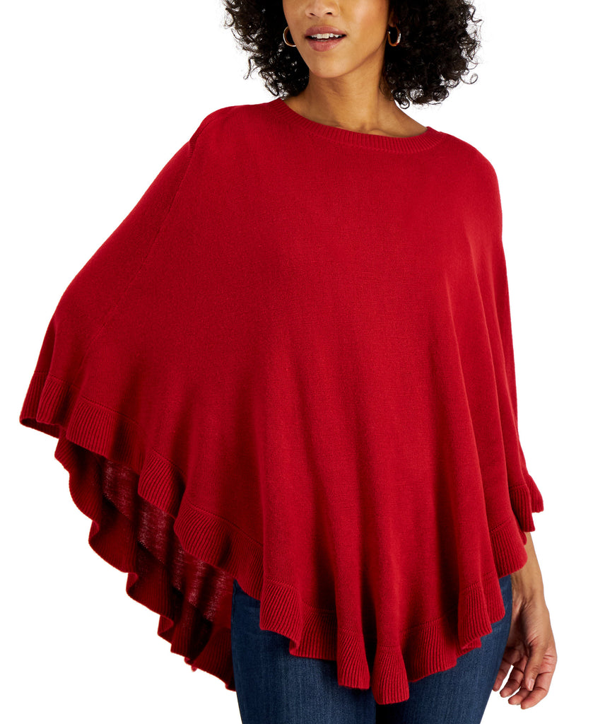 Karen Scott Women Cotton Luxsoft Ruffled Poncho Sweater Red Cherry