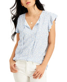 Style & Co Women Petite Clip Dot Ruffled Blouse Blue Myth