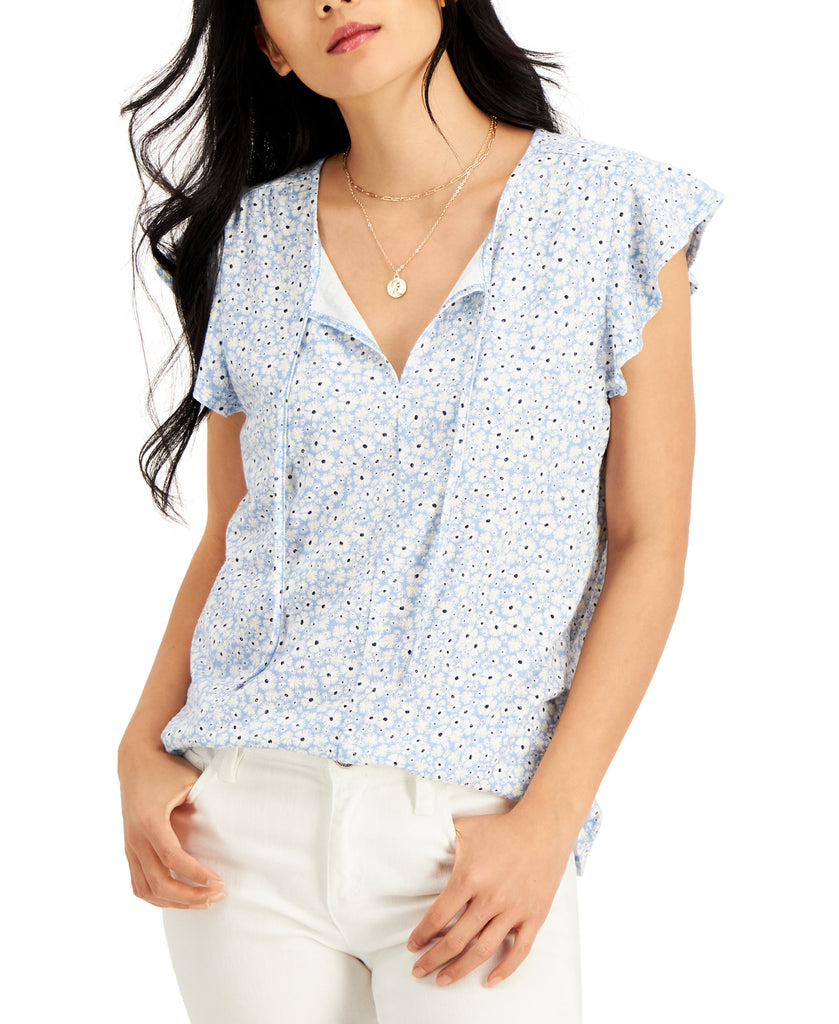 Style & Co Women Petite Clip Dot Ruffled Blouse Blue Myth