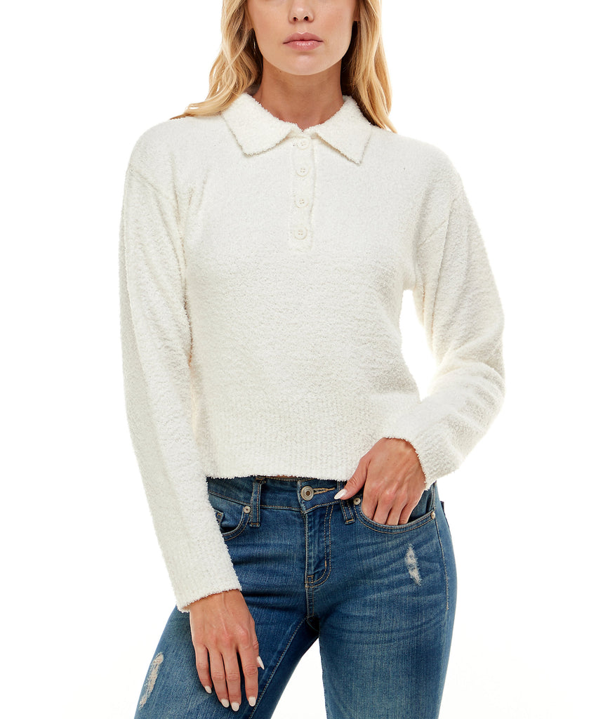 Ultra Flirt Women Fuzzy Polo Top Ivory Gardenia