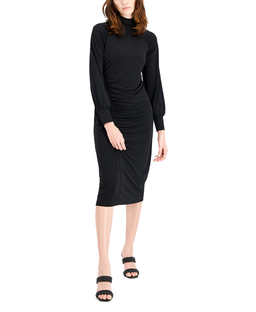 INC International Concepts Women Mock Neck Ruched Dress Deep Black