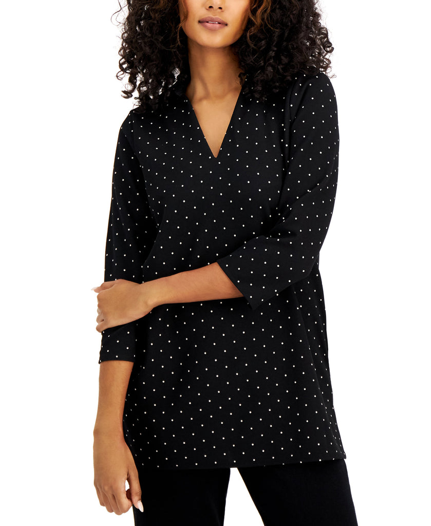 Alfani Women Collared V Neck Tunic Deep Black Polkadot