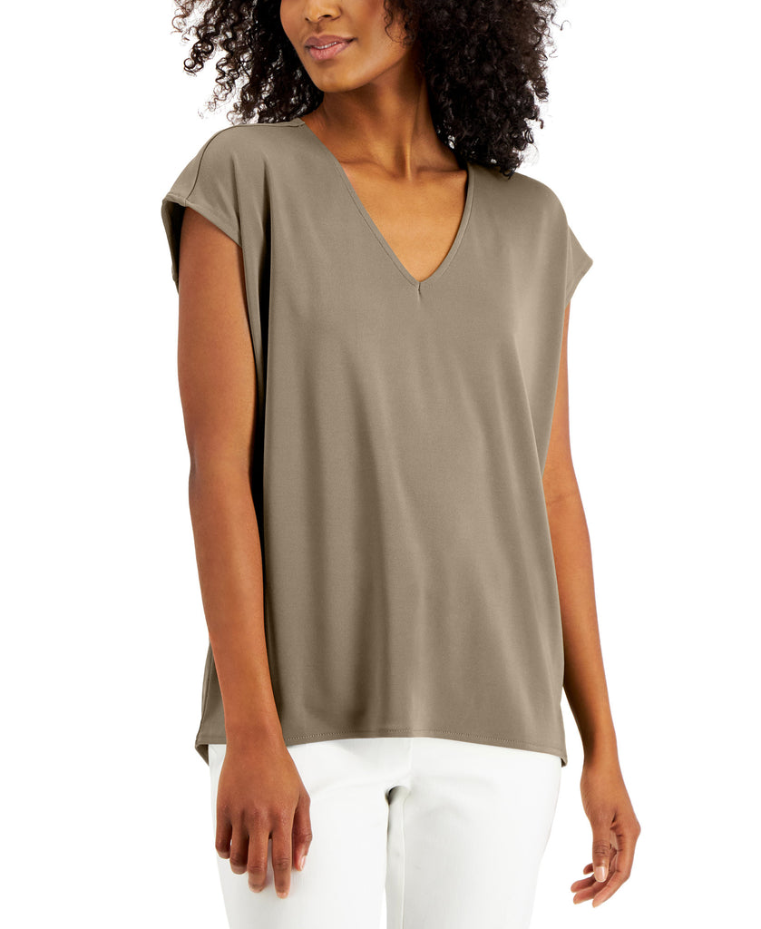 Alfani Women V Neck Cap Sleeve Top Fresh Almond