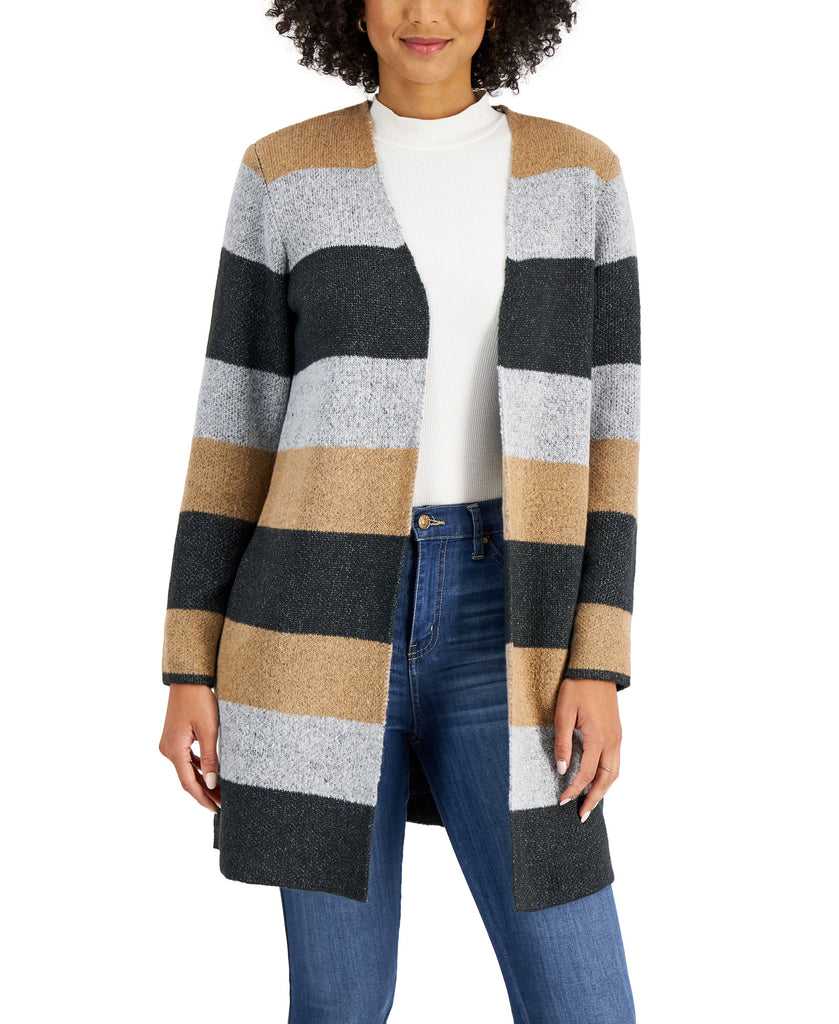 Charter Club Women Colorblocked Open Front Cardigan Grey Camel