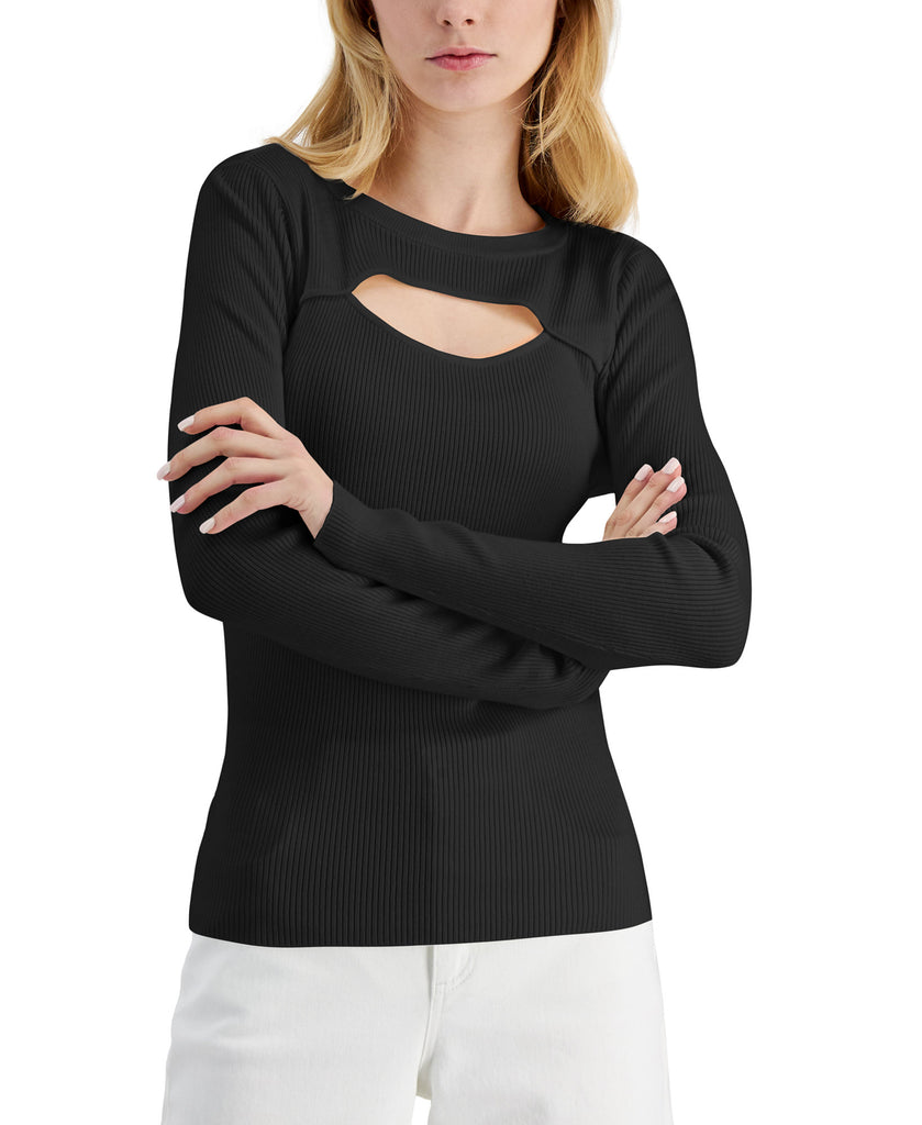 INC International Concepts Women Ribbed Cutout Crewneck Sweater