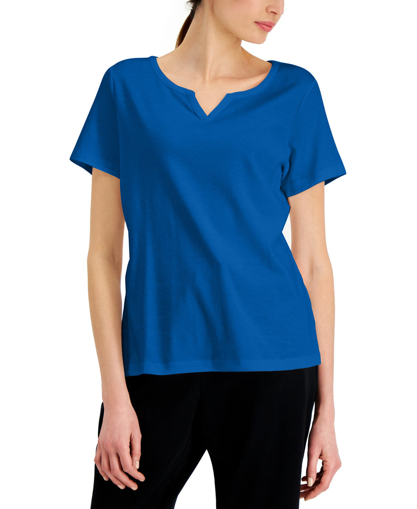 Karen Scott Women Cotton Split Neck Top Vibrant Blue