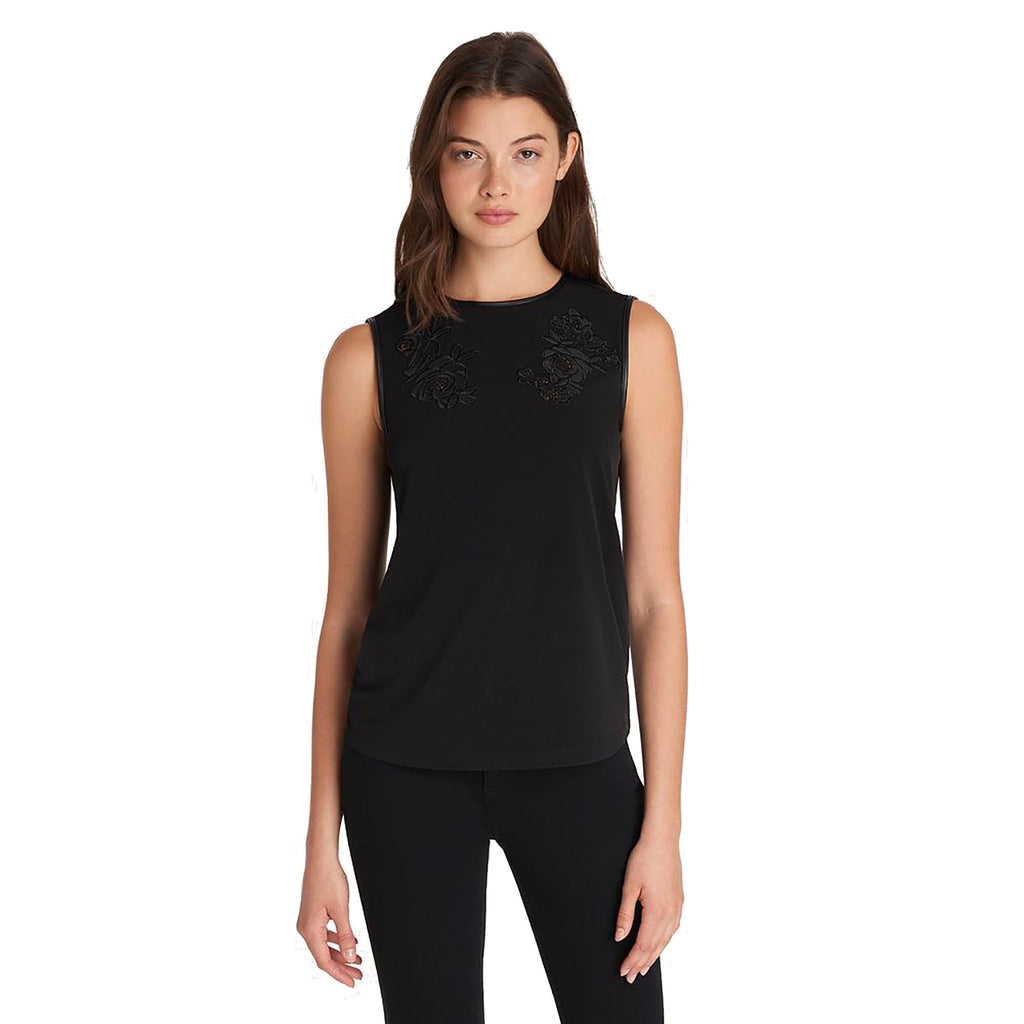 Karl Lagerfeld Paris Women Sleeveless Knit Top with Lace Rose Detail Black