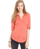 Almost Famous Juniors Ribbed Panel Button Down Top Bright Coral