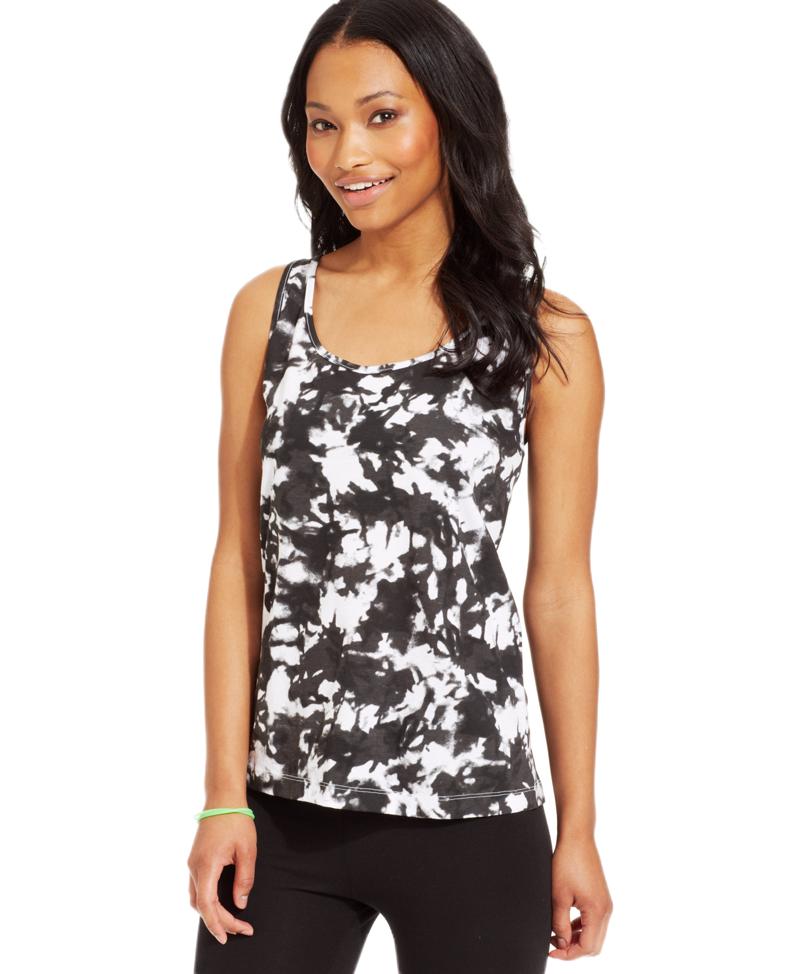 Material Girl Juniors Sleeveless Scoop Neck Tank Top Black White Tie Dye