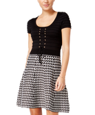 XOXO Women Lace Up Printed Fit & Flare Sweater Dress Black Multi