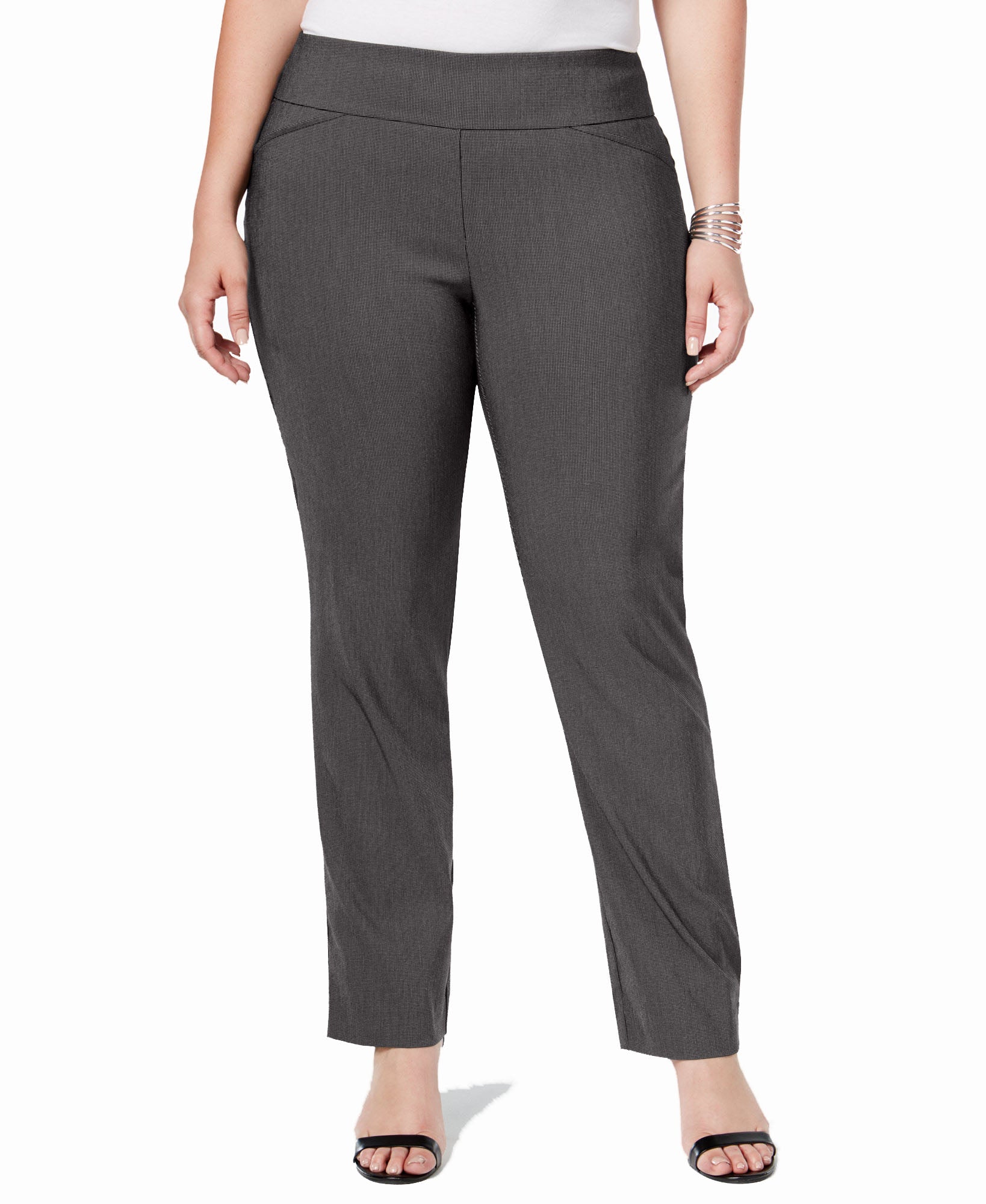 Charter Club Women Plus Cambridge Tummy Control Check Printed Pull On Pants Deep Black Combo