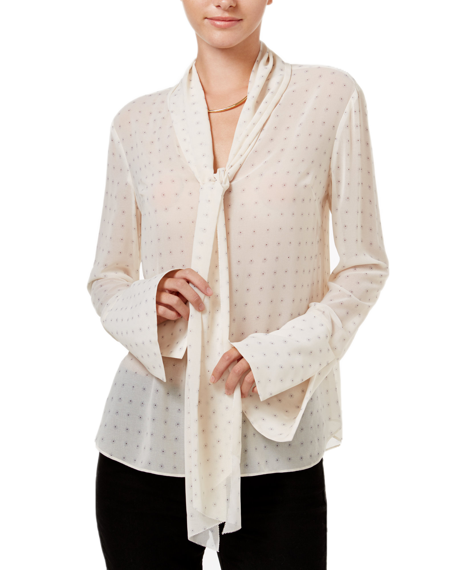 RACHEL Rachel Roy Women Tie Neck Bell Sleeve Blouse Antique Ivory
