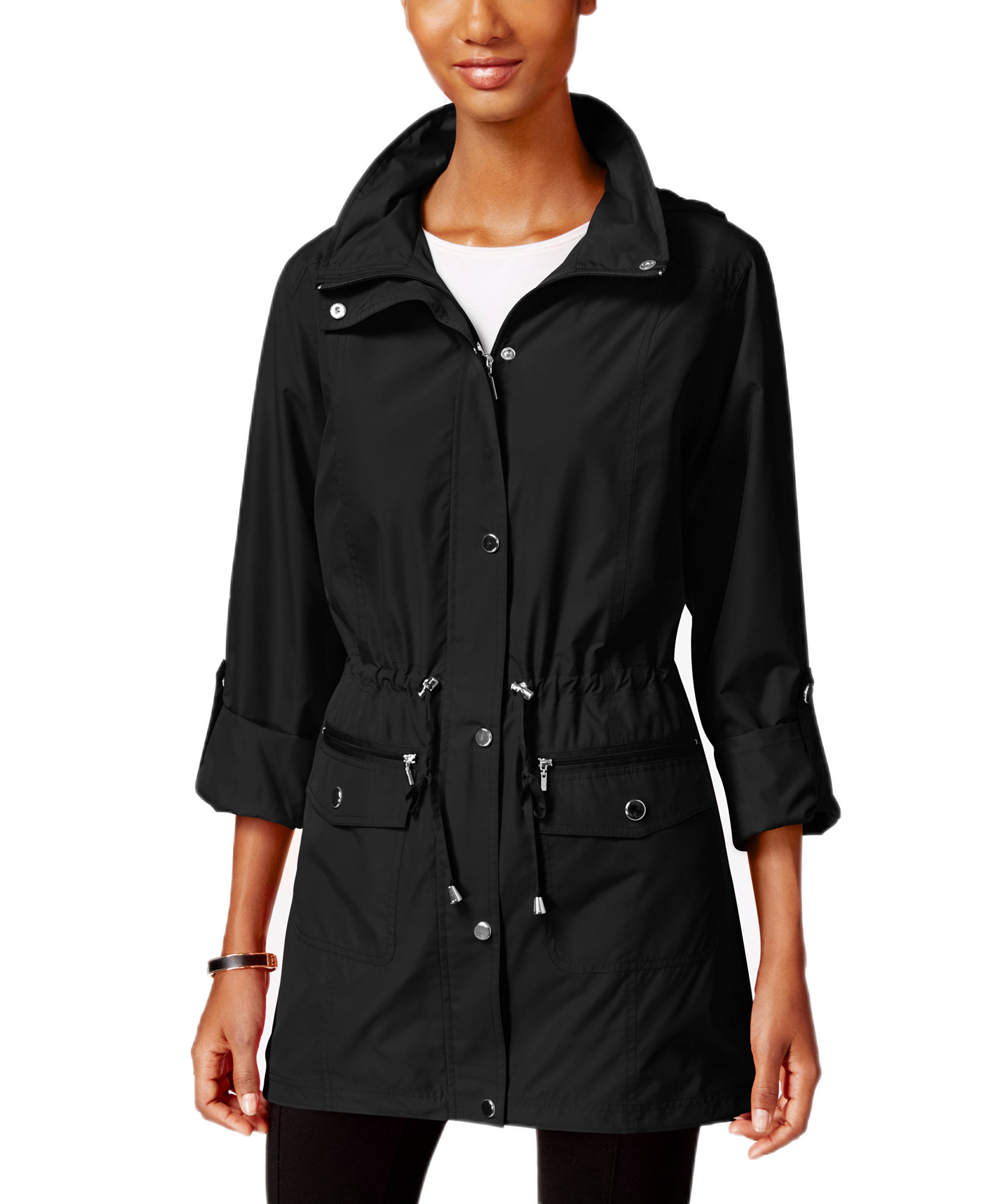 Style & Co Women Hooded Roll Tab Sleeve Anorak Jacket Deep Black
