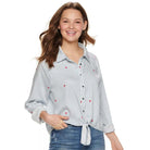 Love, Fire Juniors Long Sleeve Knotted Front Button Down Shirt Heart Conversational