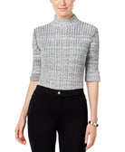 Style & Co Women Marled Mock Neck Sweater Deep Black White