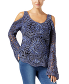 INC International Concepts Women Cold Shoulder Crocheted Sweater Deep Twilight